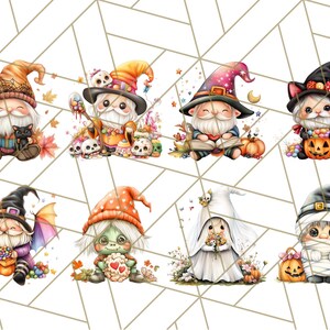 May include: Eight digital illustrations of gnomes dressed in Halloween costumes. The gnomes are wearing witch hats, a mummy costume, a ghost costume, a cat costume, and other Halloween-themed outfits. The gnomes are holding candy, pumpkins, and other Halloween-themed items.