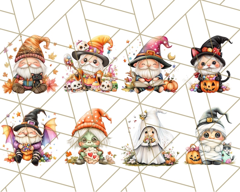 May include: Eight digital illustrations of gnomes dressed in Halloween costumes. The gnomes are wearing witch hats, a mummy costume, a ghost costume, a cat costume, and other Halloween-themed outfits. The gnomes are holding candy, pumpkins, and other Halloween-themed items.