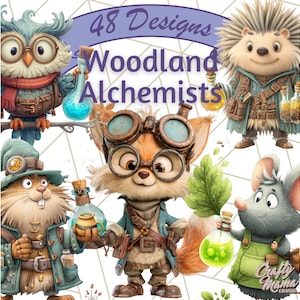 Könnte beinhalten: Digitale Illustration mit Waldtieren als Alchemisten. Eine Eule, ein Fuchs, ein Igel, eine Maus und ein Kaninchen werden mit Tränken und Schutzbrillen dargestellt. Das Bild enthält den Text "48 Designs Woodland Alchemists" und das Logo "Crafty Mama".