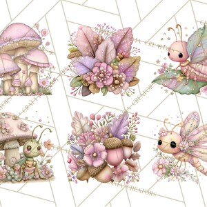 May include: Watercolor illustrations of whimsical fairy-tale elements. The image features a collection of charming designs, including mushrooms, floral arrangements, a fairy, a bug, and a dragonfly, all in soft pastel colors.