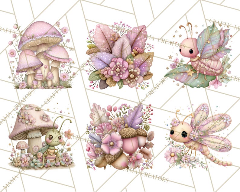 May include: Watercolor illustrations of whimsical fairy-tale elements. The image features a collection of charming designs, including mushrooms, floral arrangements, a fairy, a bug, and a dragonfly, all in soft pastel colors.