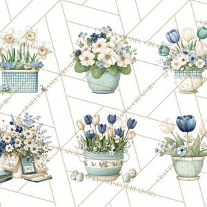 May include: Watercolor illustrations of floral arrangements in various containers. The arrangements feature white, blue, and green flowers, including daffodils, tulips, and daisies. Containers include a gingham box, teacup, and pots, all with a vintage aesthetic.