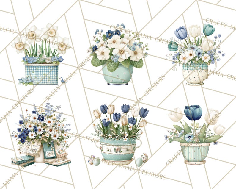 May include: Watercolor illustrations of floral arrangements in various containers. The arrangements feature white, blue, and green flowers, including daffodils, tulips, and daisies. Containers include a gingham box, teacup, and pots, all with a vintage aesthetic.