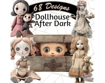 68 Png Haunted Dollhouse Clipart, Spooky Tea Party PNG, Creepy Dolls and Teddy Bears, Cracked Porcelain, Halloween Clipart, Gothic Printable