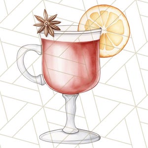 K&ouml;nnte beinhalten: Aquarell-Illustration eines warmen Getr&auml;nks in einem transparenten Glasbecher. Das Getr&auml;nk ist rotbraun und mit Sternanis und einer Orangenscheibe garniert. Der Becher hat einen Henkel und steht auf einem Stiel.