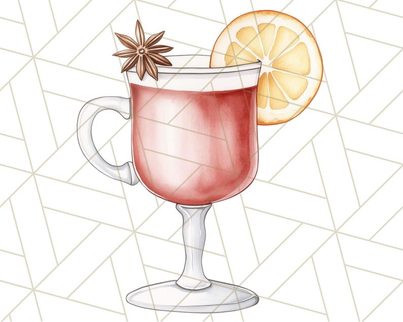 K&ouml;nnte beinhalten: Aquarell-Illustration eines warmen Getr&auml;nks in einem transparenten Glasbecher. Das Getr&auml;nk ist rotbraun und mit Sternanis und einer Orangenscheibe garniert. Der Becher hat einen Henkel und steht auf einem Stiel.