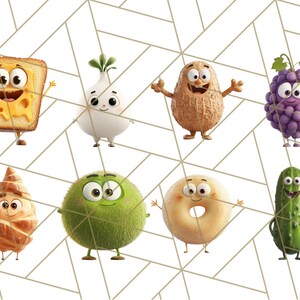 May include: A collection of eight cartoon food characters with smiling faces. The characters include a slice of toast, an onion, a peanut, a bunch of grapes, a croissant, a green kiwi, a donut, and a cucumber.