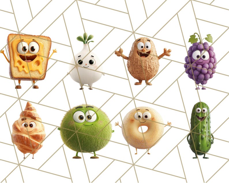 May include: A collection of eight cartoon food characters with smiling faces. The characters include a slice of toast, an onion, a peanut, a bunch of grapes, a croissant, a green kiwi, a donut, and a cucumber.