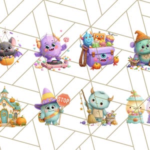 Pu&ograve; includere: Una collezione di illustrazioni a tema Halloween con mostri carini. Ogni mostro &egrave; raffigurato in un'ambientazione unica, come un pipistrello in un cestino di caramelle, un mostro con un segnale di stop e un mostro con una scopa.