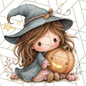 May include: A watercolor illustration of a young witch with brown hair wearing a blue witch hat and dress, holding a smiling jack-o'-lantern. The image has a soft, whimsical style with autumn leaves and star accents, perfect for Halloween.