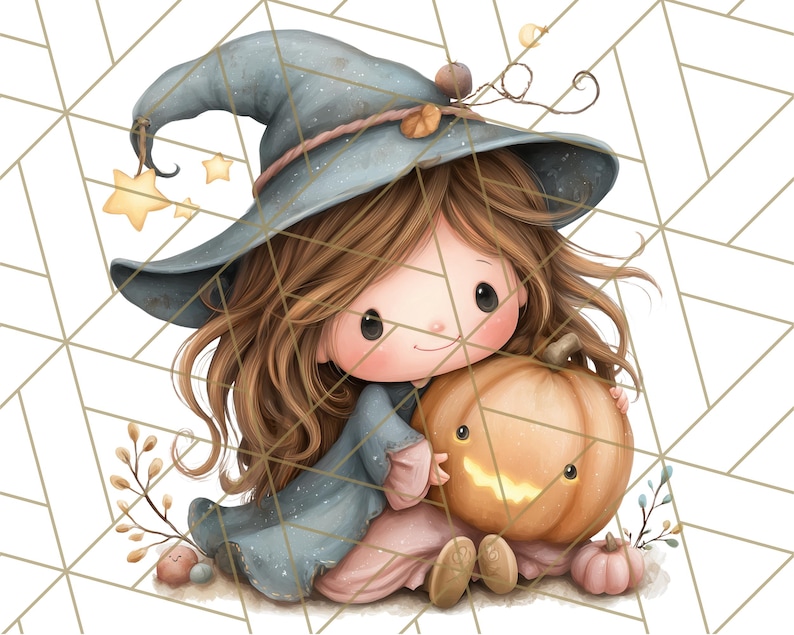 May include: A watercolor illustration of a young witch with brown hair wearing a blue witch hat and dress, holding a smiling jack-o'-lantern. The image has a soft, whimsical style with autumn leaves and star accents, perfect for Halloween.