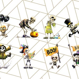 May include: A collection of whimsical skeleton illustrations in various poses. One skeleton holds balloons, another carves a pumpkin, and others play a trumpet or hold "Boo!" signs. The skeletons are dressed in costumes and are set against a geometric background.
