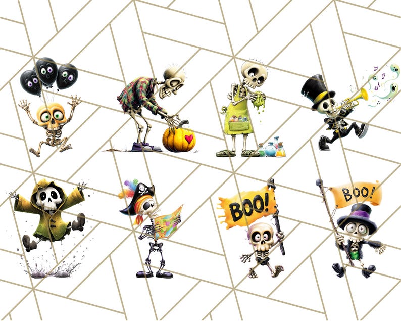 May include: A collection of whimsical skeleton illustrations in various poses. One skeleton holds balloons, another carves a pumpkin, and others play a trumpet or hold "Boo!" signs. The skeletons are dressed in costumes and are set against a geometric background.