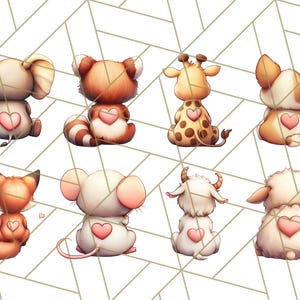 May include: A set of nine adorable animal illustrations with hearts on their backs. The animals include an elephant, a red panda, a giraffe, a dog, a fox, a mouse, a goat, and a sheep. The illustrations are in a cartoon style and are perfect for use in a variety of projects.