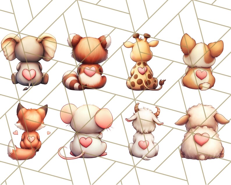 May include: A set of nine adorable animal illustrations with hearts on their backs. The animals include an elephant, a red panda, a giraffe, a dog, a fox, a mouse, a goat, and a sheep. The illustrations are in a cartoon style and are perfect for use in a variety of projects.