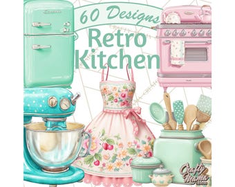 60 Png, 50-tals retro kök clipart, vintage 1950-tals köksapparater PNG, retro bakredskap clipart, pastell köksinredning