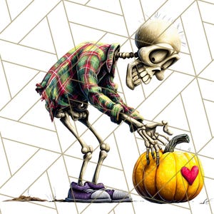 May include: Illustration of a cartoon skeleton wearing a plaid shirt and purple sneakers, reaching for a yellow pumpkin with a red heart. The background features a geometric pattern.