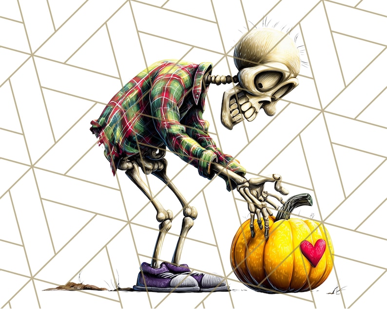 May include: Illustration of a cartoon skeleton wearing a plaid shirt and purple sneakers, reaching for a yellow pumpkin with a red heart. The background features a geometric pattern.