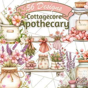 May include: 56 Cottagecore Apothecary designs featuring illustrations of jars, bottles, and other apothecary items with floral accents. The jars and bottles are decorated with flowers, ribbons, and labels. The text "Crafty Mama Designs" is visible in the lower right corner.