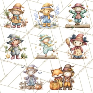 Pode incluir: Ilustra&ccedil;&otilde;es em aquarela de espantalhos caprichosos em v&aacute;rias poses. Cada espantalho usa chap&eacute;u e cachecol, segurando objetos como uma vassoura ou folhas. As imagens t&ecirc;m um tema de outono com ab&oacute;boras e morcegos.