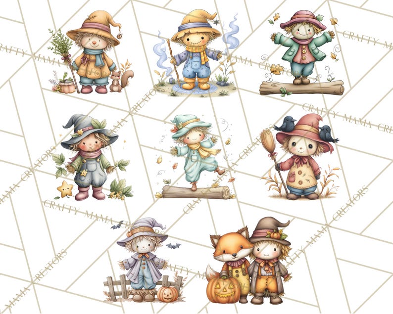 Pode incluir: Ilustra&ccedil;&otilde;es em aquarela de espantalhos caprichosos em v&aacute;rias poses. Cada espantalho usa chap&eacute;u e cachecol, segurando objetos como uma vassoura ou folhas. As imagens t&ecirc;m um tema de outono com ab&oacute;boras e morcegos.