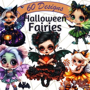 May include: 60 Halloween Fairy designs featuring cute, colorful fairies with wings, some holding a book, a lollipop, and a pumpkin. The fairies have different hair colors and styles, and some have green skin.