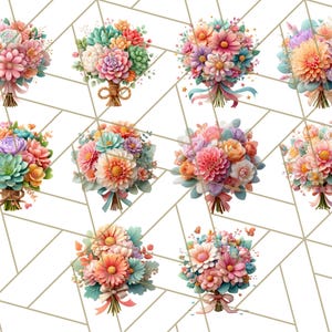 Op de afbeelding: Een verzameling van negen kleurrijke boeketten met bloemen in pasteltinten roze, oranje, blauw en groen. Elk boeket is gebonden met een lint of touw. De achtergrond is een wit geometrisch patroon.