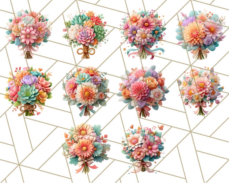 Op de afbeelding: Een verzameling van negen kleurrijke boeketten met bloemen in pasteltinten roze, oranje, blauw en groen. Elk boeket is gebonden met een lint of touw. De achtergrond is een wit geometrisch patroon.