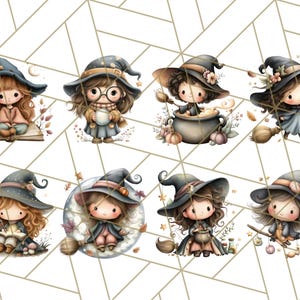 May include: A collection of eight watercolor illustrations of cute cartoon witches. Each witch is depicted with brown hair, wearing a black witch hat, and dressed in various outfits. Some are holding items like a cauldron, broom, or book. The background has a geometric pattern.