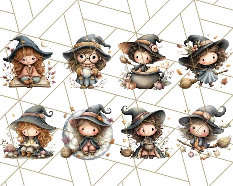 May include: A collection of eight watercolor illustrations of cute cartoon witches. Each witch is depicted with brown hair, wearing a black witch hat, and dressed in various outfits. Some are holding items like a cauldron, broom, or book. The background has a geometric pattern.