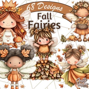 Fall Fairy Clipart PNG, Autumn Fairy People Clip Art, Cute Fairies With Wings and Leaves, Fantasy Fall Clip Art for Stickers and Crafts