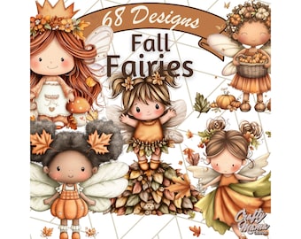 Fall Fairy Clipart PNG, Autumn Fairy People Clip Art, Cute Fairies With Wings and Leaves, Fantasy Fall Clip Art for Stickers and Crafts