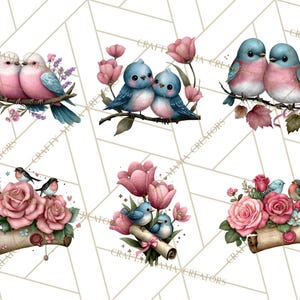 May include: A collection of watercolor illustrations featuring pairs of birds with pink and blue plumage perched on branches with flowers. The images include roses, tulips, and lavender, with a scroll in some designs. The overall theme is romantic and whimsical.