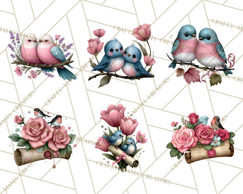 May include: A collection of watercolor illustrations featuring pairs of birds with pink and blue plumage perched on branches with flowers. The images include roses, tulips, and lavender, with a scroll in some designs. The overall theme is romantic and whimsical.