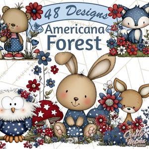Puede incluir: Ilustración digital con animales del bosque en colores patrióticos. Un oso, un zorro, un búho, un conejo y un ciervo están rodeados de flores y setas rojas, blancas y azules. El texto "48 Designs Americana Forest" se muestra en la parte superior.