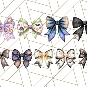 May include: A collection of ten decorative bows in various colors and designs. The bows feature patterns such as skulls, potion bottles, bats, spiderwebs, and celestial motifs. Colors include lavender, green, blue, black, and cream, with accents of gold and silver.