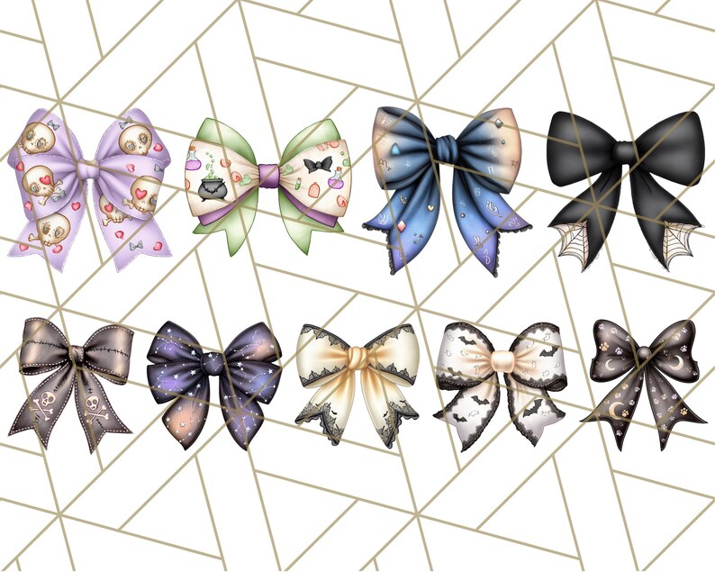 May include: A collection of ten decorative bows in various colors and designs. The bows feature patterns such as skulls, potion bottles, bats, spiderwebs, and celestial motifs. Colors include lavender, green, blue, black, and cream, with accents of gold and silver.