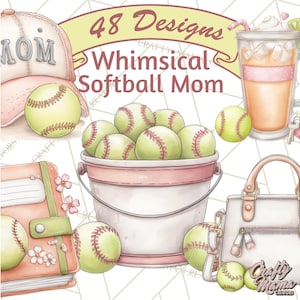 May include: A watercolour illustration with a softball theme. It features a pink bucket filled with softballs, a baseball cap with "MOM", a purse, a notebook, and a drink. The image has the text "48 Designs Whimsical Softball Mom".