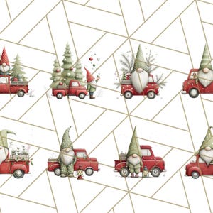 May include: A collection of watercolor illustrations featuring red trucks carrying Christmas trees and gnomes. The gnomes wear tall, pointed hats and have long white beards. The trucks are decorated with festive details.