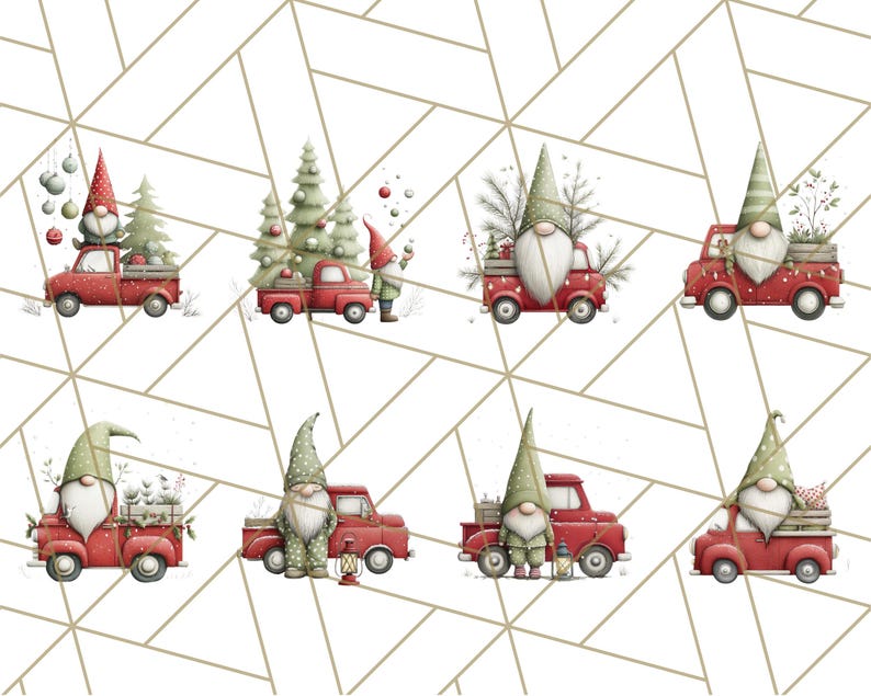 May include: A collection of watercolor illustrations featuring red trucks carrying Christmas trees and gnomes. The gnomes wear tall, pointed hats and have long white beards. The trucks are decorated with festive details.