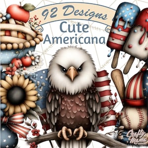 May include: A digital illustration with patriotic Americana themes. The image includes an eagle, ice lollies, a baseball, and a pie, all in red, white, and blue. Text reads "92 Designs Cute Americana" and "Crafty Mama Creations."