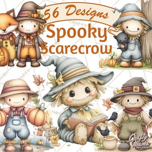 May include: Watercolor illustration featuring several scarecrow designs with pumpkins, a fox, and a black cat. The text "56 Designs Spooky Scarecrow" is displayed at the top. The scarecrows are wearing hats and overalls.