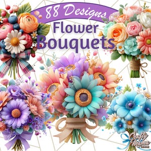 Op de afbeelding: Een afbeelding met een verzameling kleurrijke bloemboeketten. De boeketten bevatten verschillende bloemen in roze, oranje, blauwe en paarse tinten. De tekst "88 Designs Flower Bouquets" is zichtbaar. De boeketten zijn gebonden met linten en touw.
