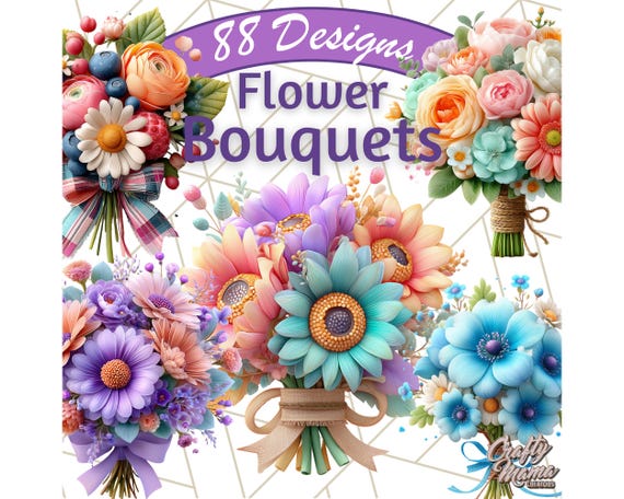 Pastel Flower Bouquet Clipart PNG, Soft Floral Clip Art, Elegant Ribbon Bouquets, Digital Watercolor Style Flowers, PNG Clipart Pack