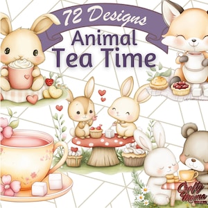 Tea Time Animal Clipart PNG, Cute Woodland Tea Party Animals Clip Art, Forest Animal Teacup Graphics, Pastel Animal Illustration PNG