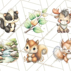 May include: Watercolor illustrations of woodland creatures, including a skunk, moose, squirrel, and fox. The image also features a branch with leaves and a small stream with rocks. The illustrations have a cute, cartoonish style.