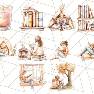 Op de afbeelding: Een digitale illustratie met tien verschillende sc&egrave;nes van mensen die boeken lezen in verschillende omgevingen. De sc&egrave;nes omvatten een knusse tent, een open haard, een vensterbank, een boom en een boekenkast. De illustraties zijn gemaakt in aquarelstijl met zachte kleuren en delicate details.