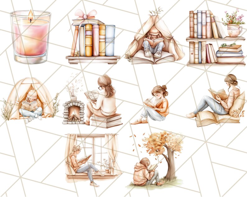 Op de afbeelding: Een digitale illustratie met tien verschillende sc&egrave;nes van mensen die boeken lezen in verschillende omgevingen. De sc&egrave;nes omvatten een knusse tent, een open haard, een vensterbank, een boom en een boekenkast. De illustraties zijn gemaakt in aquarelstijl met zachte kleuren en delicate details.