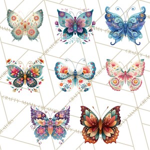 Puede incluir: Una colecci&oacute;n de dise&ntilde;os de mariposas en acuarela en varios colores. Cada mariposa presenta patrones intrincados y acentos florales. La paleta de colores incluye azules, rosas, naranjas y morados, creando una exhibici&oacute;n vibrante y art&iacute;stica.