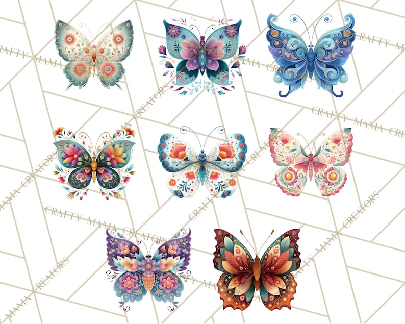 Puede incluir: Una colecci&oacute;n de dise&ntilde;os de mariposas en acuarela en varios colores. Cada mariposa presenta patrones intrincados y acentos florales. La paleta de colores incluye azules, rosas, naranjas y morados, creando una exhibici&oacute;n vibrante y art&iacute;stica.